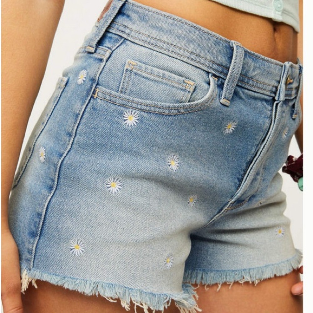 Hollister Light Blue Daisy Embroidered Denim Shorts